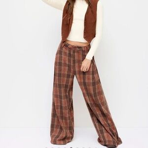 Cider Brown and Orange Flannel Check Wide Leg Trousers
